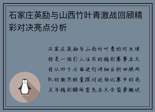 石家庄英励与山西竹叶青激战回顾精彩对决亮点分析