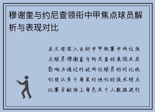 穆谢奎与约尼查领衔中甲焦点球员解析与表现对比